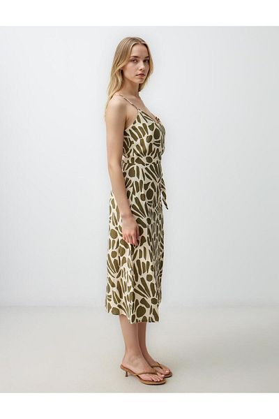 Jimmy Key Green 100% Linen V-Neck Strap Patterned Midi Dress