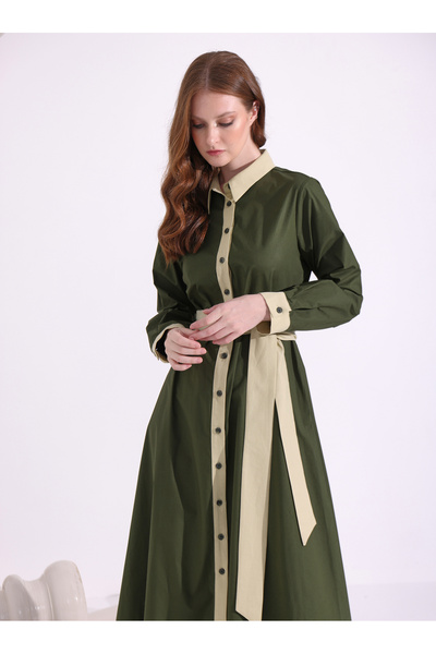 Store Wf Khaki and Beige Long Dress with Collar