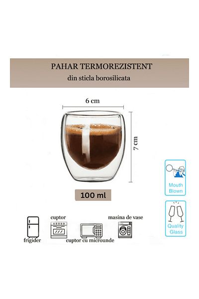 Köken Set de 2 căni, cană termică de cafea cu perete dublu, 100 ml fiecare, strat protector, sticlă borosilicată
