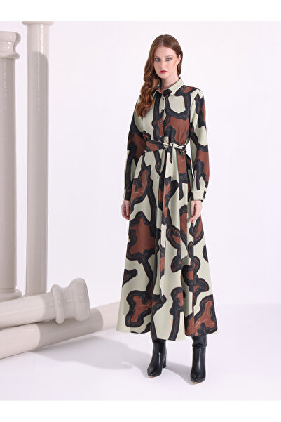 Store Wf Coffee and Beige Patterned Long Dress with Collar