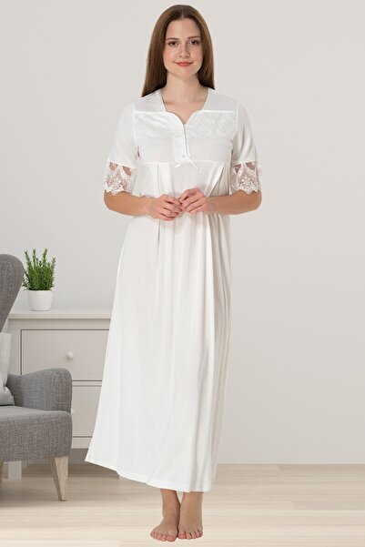 ByLohusa Cămașă de noapte de maternitate Effortt Ecru cu mânecă scurtă din da...