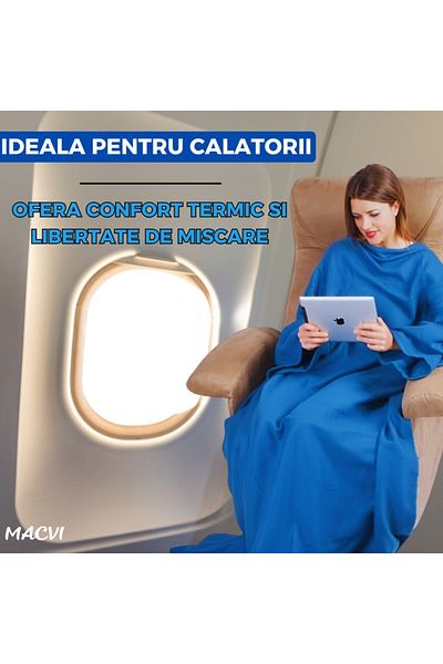 MACVI Patura cu maneci Macvi®, super moale, confortabila, albastru