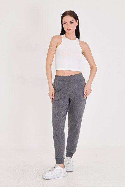 TRENDHİLL Women's Rubber Leg Cotton Sweatpants Anthracite Melange 5608-A