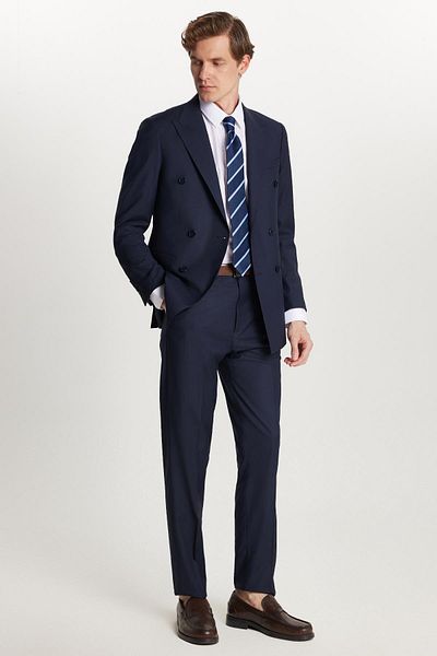 Tudors Men's Slim Fit Navy Blue Flexible Lycra Fabric Pointed Collar Double Breasted Suit with Flap Pockets