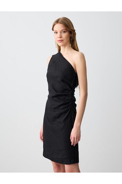 Jimmy Key Black 100% Linen Slim Cut Asymmetric Collar One Shoulder Mini Dress