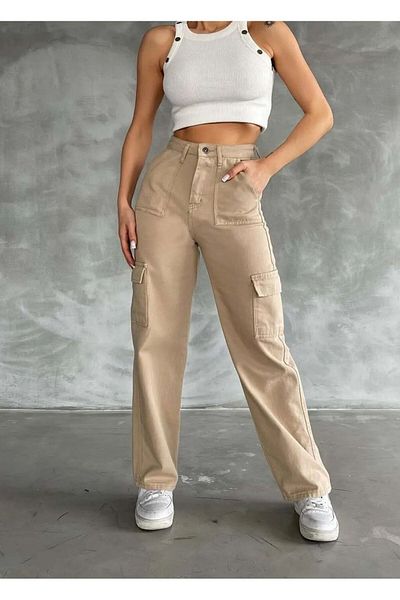 Shield Life Beige Cargo Pocket Women's Wide Leg Summer Pants Super High Waist Collects and Comfortable Hijab Pants