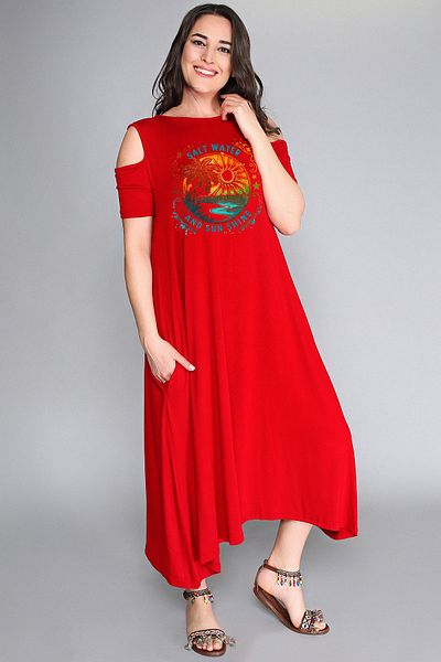 Curvy Trend Large Size Salty Water Printed Off-The-Shoulder Dress