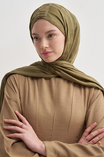 carell Text Pattern Jacquard Italian Silk Shawl Olive Green