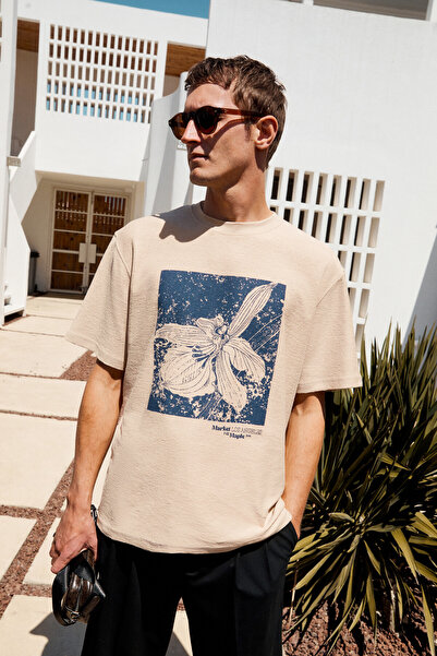 GRIMELANGE Nord Men's Print Detailed 100% Organic Cotton Oversize Short Sleeve Crew Neck Beige T-Shirt