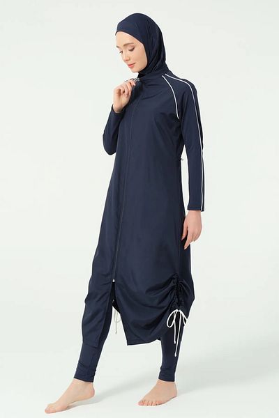 Bordomix 25520 Women's Navy Blue Piping Detailed Long Skirt Adjustable Hijab Swimsuit