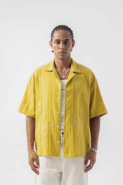 jaceyjace Floral Embroidered Oversize Shirt - Mustard