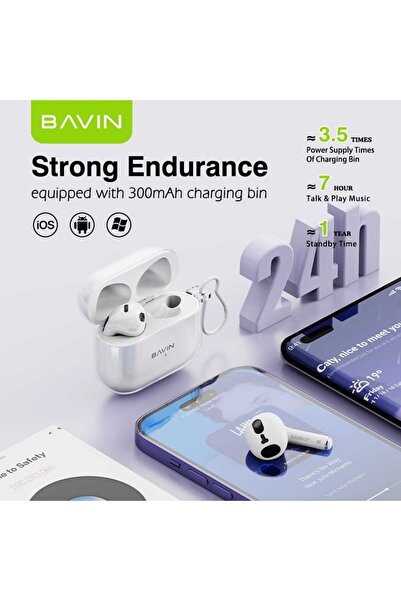 Bavin بافين BA37 سماعة لاسلكية تعمل بالبلوتوث شحن لاسلكي سماعات أذن ستيريو هاي فاي التحكم باللمس أبيض