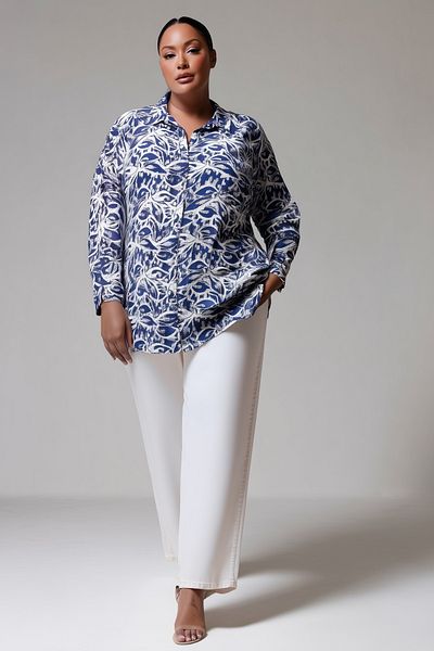 Hanezza Catch The Fashion: Cămașă / tunică din țesătură Vis0kon din bumbac cu imprimeu albastru bleumarin pentru femei