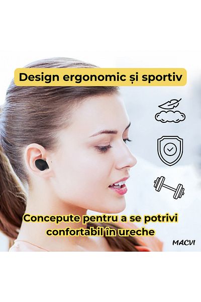 MACVI Casti Bluetooth Macvi® TWS, Sunet 8D, HD, Control Tactil, LED, Rezistente la Apa, BT 5.0, Negru