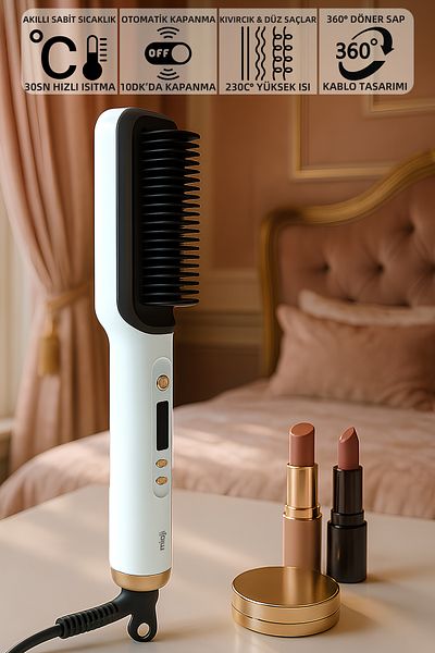 Mioji Mio B1 مع مؤشر LED 230 ° ج سيراميك 360 °   مشط فرد الشعر بمقبض دوار - أبيض
