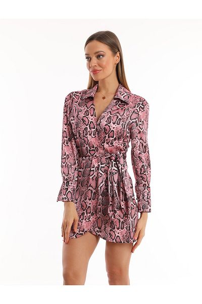 Miss Allos Women's Patterned Tie Belted Shirt Dress