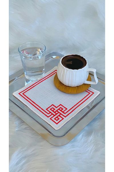 Mora Tekstil Cross Stitch Embroidered Presentation Napkin, Cocktail Napkin Coffee Side Presentation Holder Embroidered Coffee Side 6 Pieces of Fabric