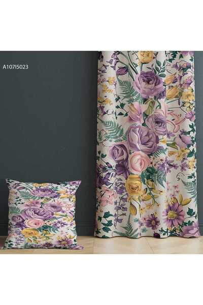 A2ZTR Mor Çiçekli desenli Fon Perde (Tek KANAT) + Kırlent Kılıfı