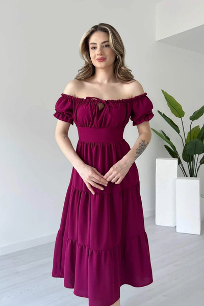 Sorridi Rochie midi cu guler legat la piept și mâneci elastice