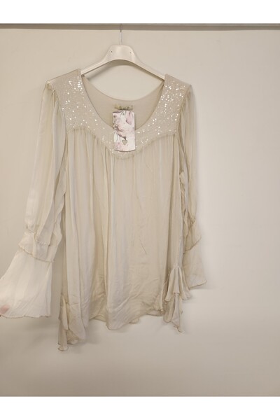 della moor Beige Italian Collar Sequined Silk Blended Blouse