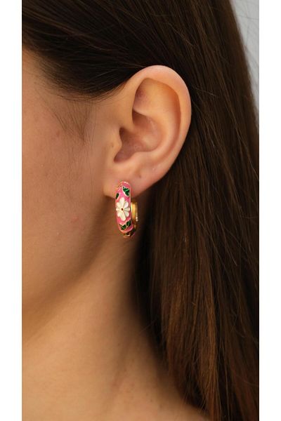 Jerie Gold Pink Enamel Flower Figure Hoop Earrings