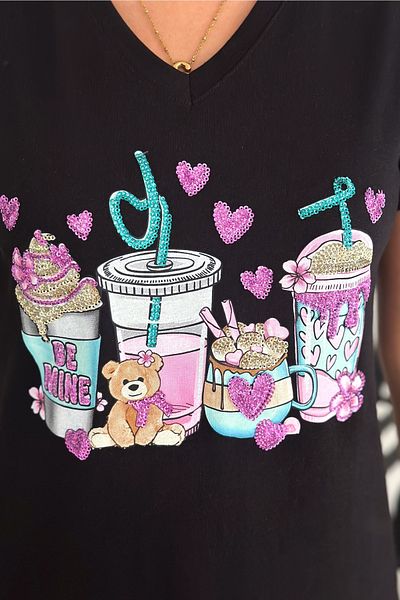 FEMELLE Tricou negru pentru femei, cu decolteu în V, cu paiete brodate, 100% bumbac