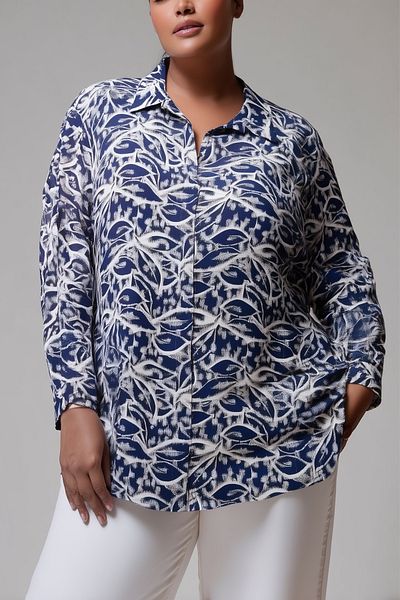 Hanezza Catch The Fashion: Cămașă / tunică din țesătură Vis0kon din bumbac cu imprimeu albastru bleumarin pentru femei