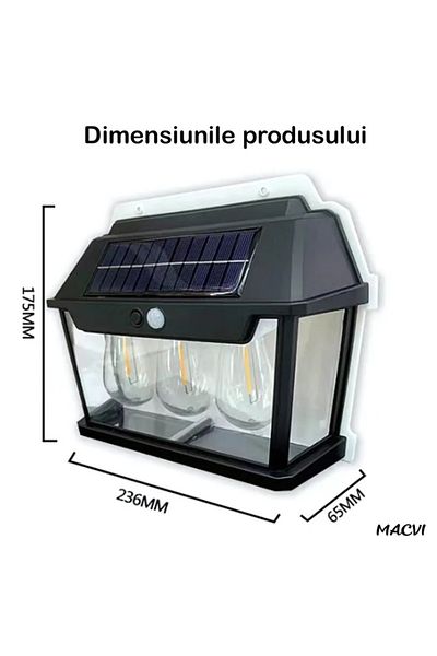 MACVI Lampa solara Macvi® de perete cu becuri LED triplu, senzor de miscare 8m, fara fir, 3 moduri, IP65