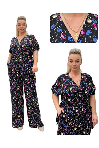 TESSY SİYAH ÜZERİ FUŞYA MAVİ RENK DETAYLI BEL BÜZGÜLÜ BÜYÜK BEDEN TULUM