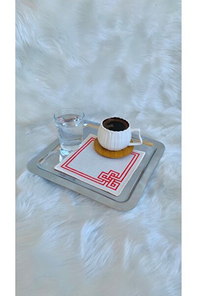Mora Tekstil Cross Stitch Embroidered Presentation Napkin, Cocktail Napkin Coffee Side Presentation Holder Embroidered Coffee Side 6 Pieces of Fabric