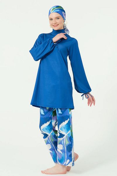 Bordomix 25645 Women's Stylish Hijab Swimsuit with Persian Blue Trousers Pattern