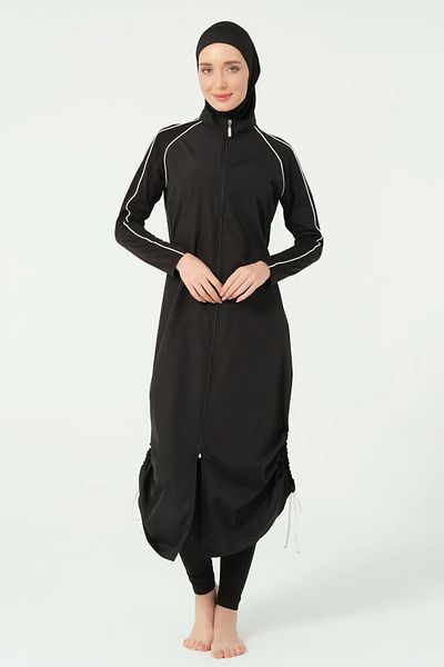 Bordomix 25520 Women's Black Piping Detailed Long Skirt Adjustable Hijab Swimsuit