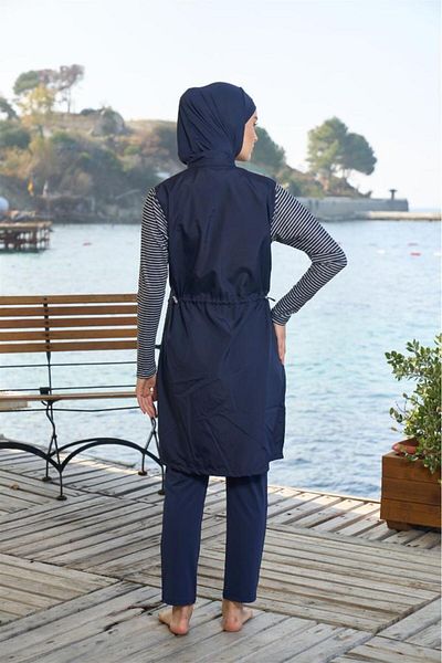 Estiva Striped Piping Zippered Fully Covered Hijab Swimsuit