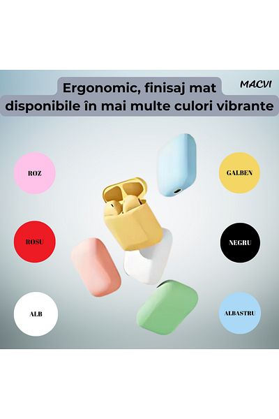 MACVI Casti Bluetooth Macvi® V5.0, iOS și Android, stație de andocare, Sunet 3D stereo, control tactil, Galben
