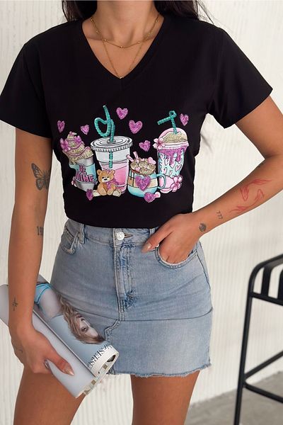 FEMELLE Tricou negru pentru femei, cu decolteu în V, cu paiete brodate, 100% bumbac