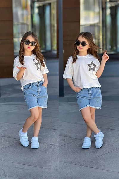 Minigimin Cicileri My Little One's Cicileri Girl's Suit with Star Stone Patterned Denim Shorts - Blue