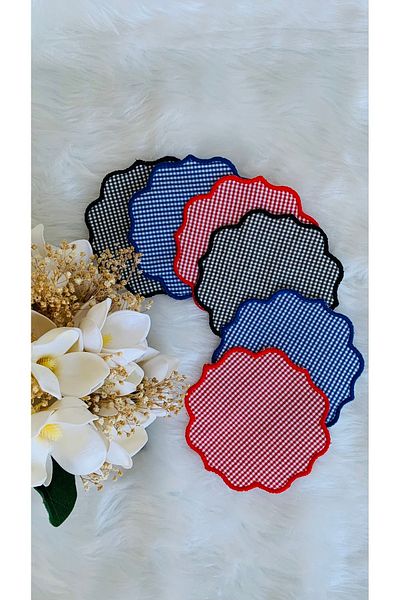 Mora Tekstil Mixed Gingham Fabric Presentation Napkin, Cocktail Napkin, Coffee Side Presentation, Embroidered Presentation Napkin 6 Pcs
