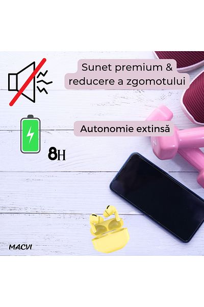 MACVI Casti Bluetooth Macvi® PRO, TWS, iOS & Android, BT 5.0, HiFi, Carcasa wireless, Touch, Galben