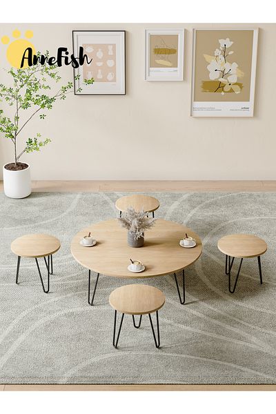 AnneFish 5pcs Floor Coffee Table Set Low Round Home Nesting Friends Gathering Table Set Of 5 Side Table