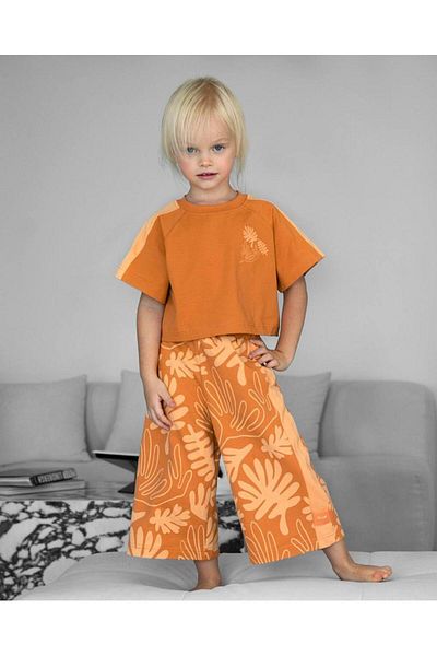 Magu Girl’S Cotton Orange Hand Print Patterned Set - Short Sleeve Crop T-Shirt and Wide Leg Pants