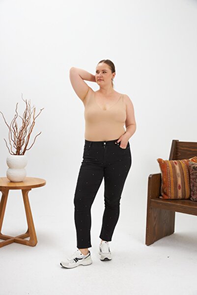 RMG Plus Size Black Jeans - Flattering Stone Embroidered
