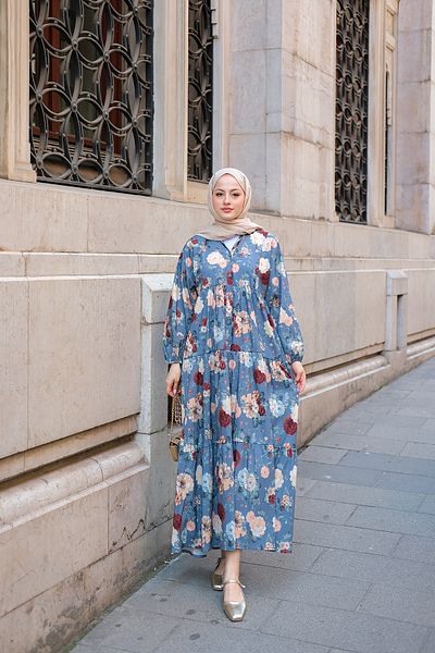 LOCCO Rochie de damă cu model trandafiri albastră