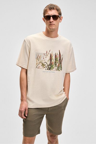 GRIMELANGE Plantasia Men's 100% Organic Cotton Print and Embroidery Detail Short Sleeve Vanilla T-Shirt