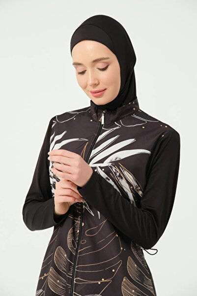 Bordomix 25535 Women's Black Brown Shiny Floral Patterned Long Hijab Swimsuit