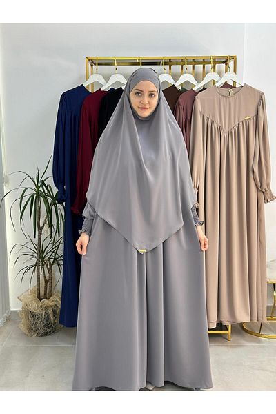 R&S modibone Hijab Front V Model Gathered Dress, Soufflé Scarf Suit, Abaya Hijab Gray