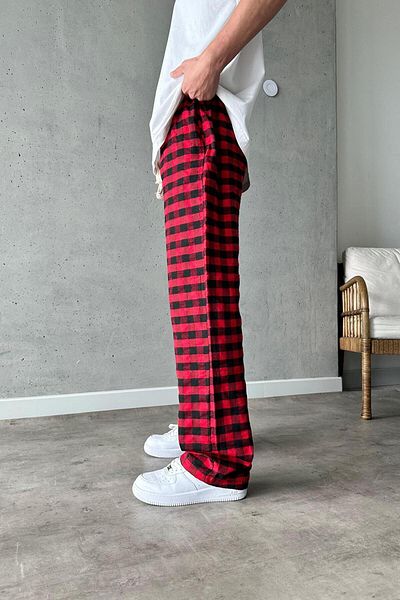 BİQ & TAQ BUTİK Red Black Square Plaid Patterned Comfortable Unisex Oversize Sweatpants Pajamas