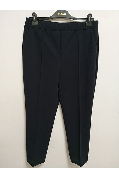 AKŞEN GİYİM Transverse Longitudinal Lycra Large Size, Two Pockets, Checked, Classic Cut, Navy Blue Scuba Crepe Trousers