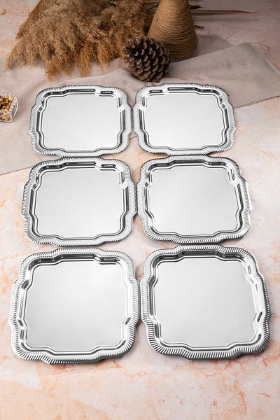 Aslı Hediyelik 6-Piece Luxury Edge Line Patterned Silver Daisy Model Stainless Steel Serving, Tea, Coffee Presentation Tray