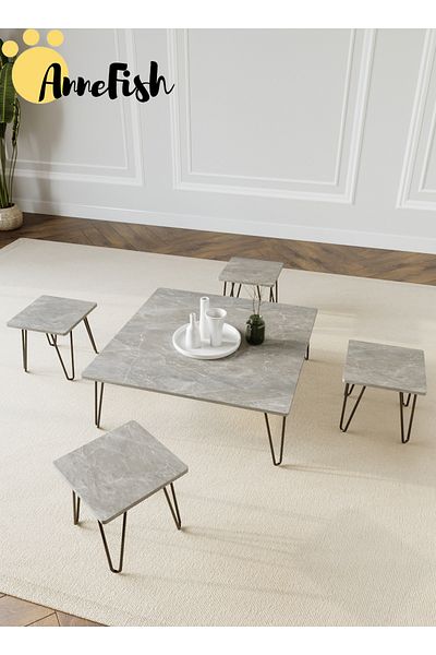 AnneFish 5pcs Floor Coffee Table Set Low Square Home Nesting Friends Gathering Table Set Of 5 Side Table