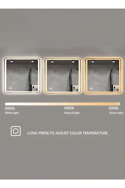 Taimi Square Bathroom Mirror with Gold Aluminum Frame and LED Touch Front Light 3 Colors Lighting 70x70cm